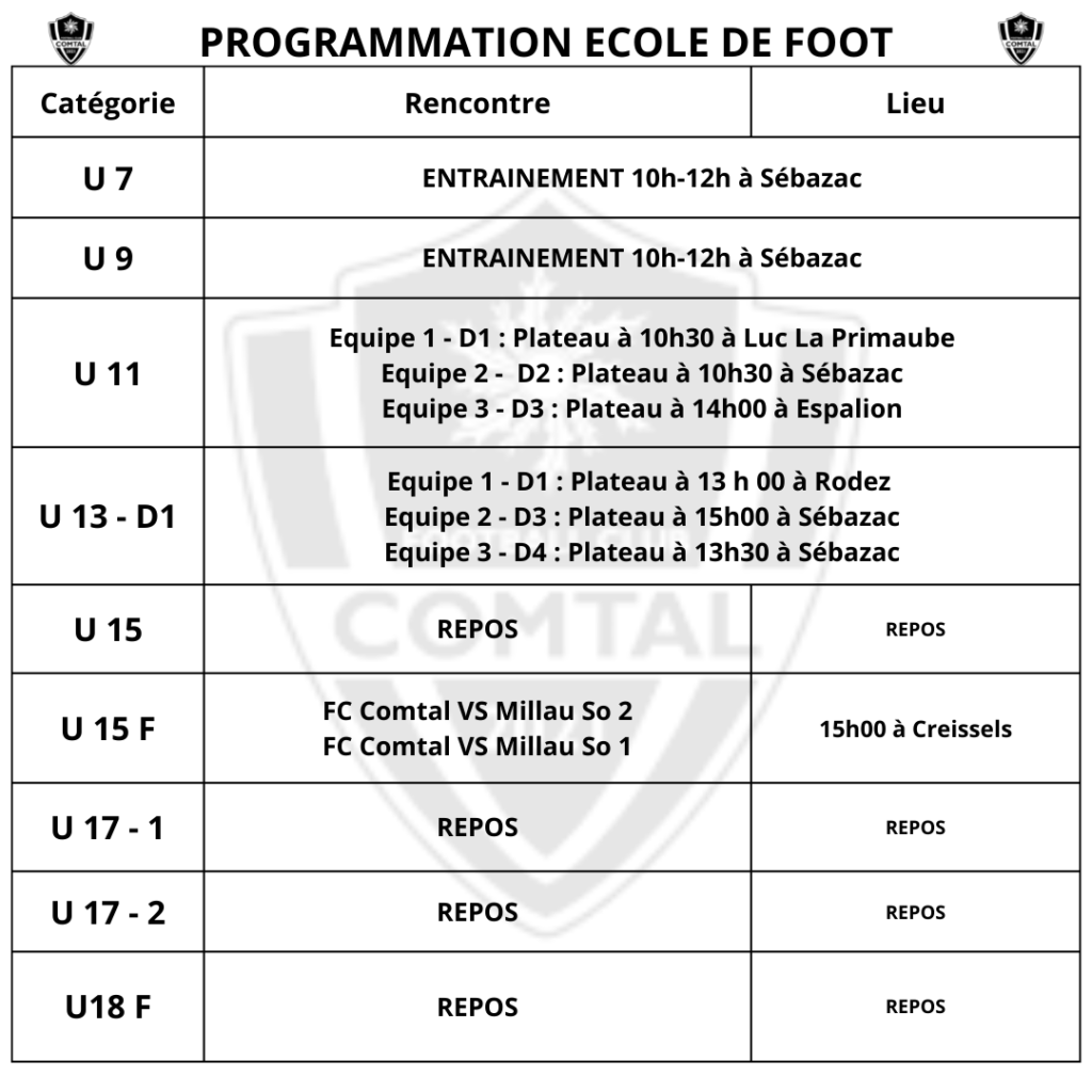 Programme du week-end école de foot – Football Club Comtal